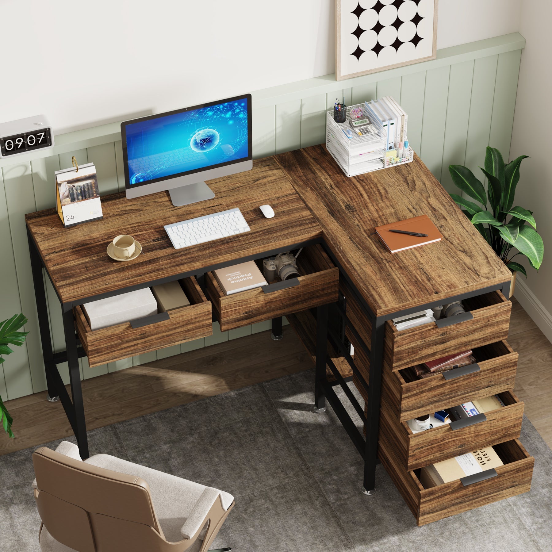 L-Shaped Desk with 6 Drawers, 47