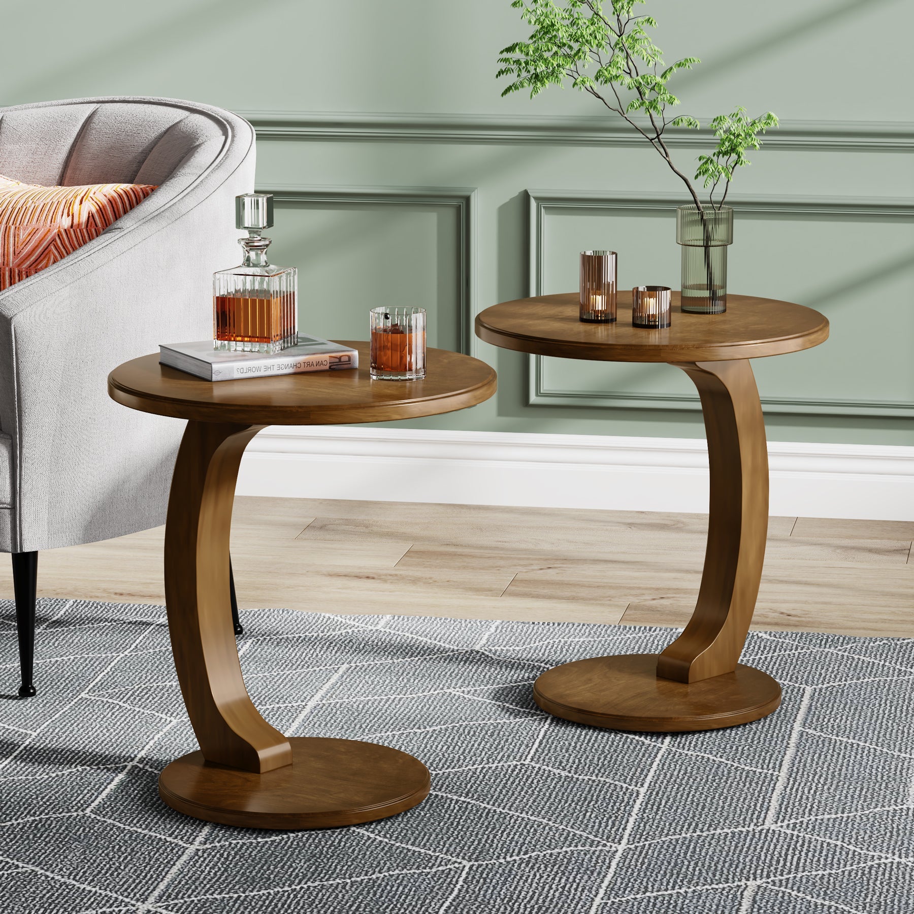 C-Shaped End Table, Round Solid Wood Side Table for Living Room