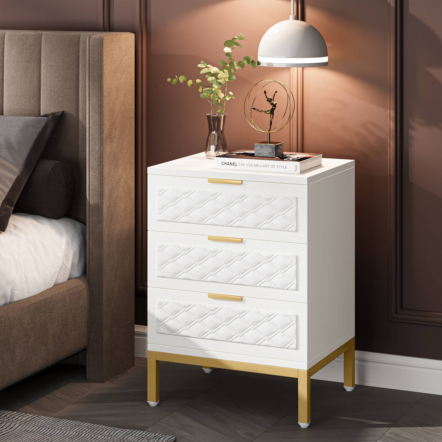 3-Drawer Nightstand, Modern Beside Table End Table with Golden Legs