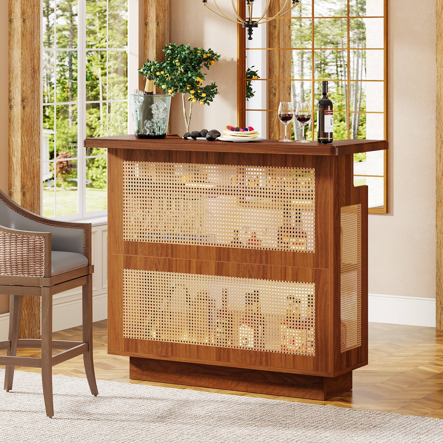 Rattan Home Bar Unit, 4-Tier Liquor Wine Bar Cabinet with Stemware Racks