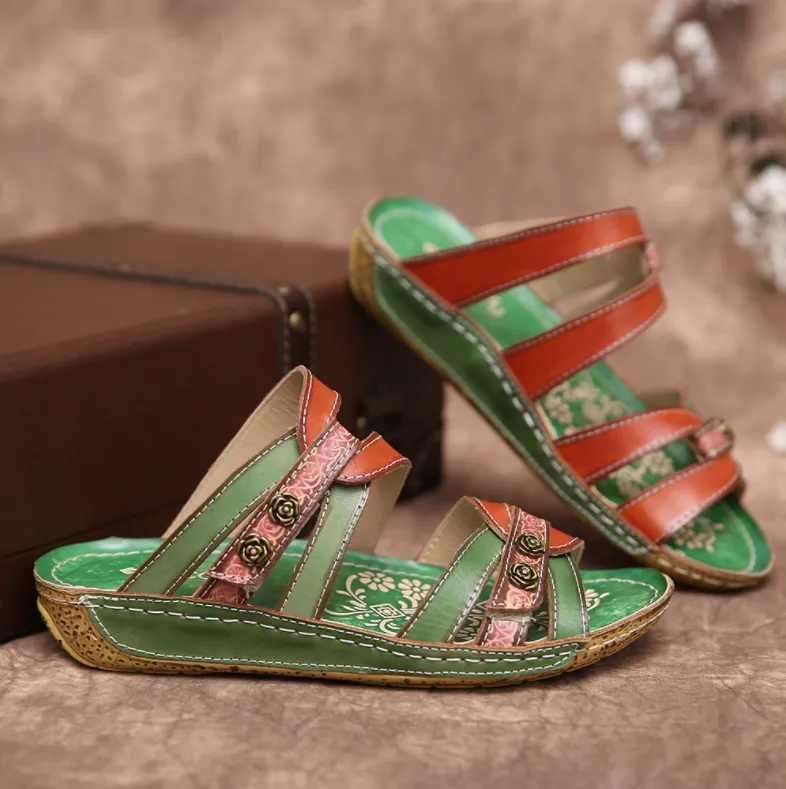 Women Retro Leather Painted Embossed Floral Wedge Sandals