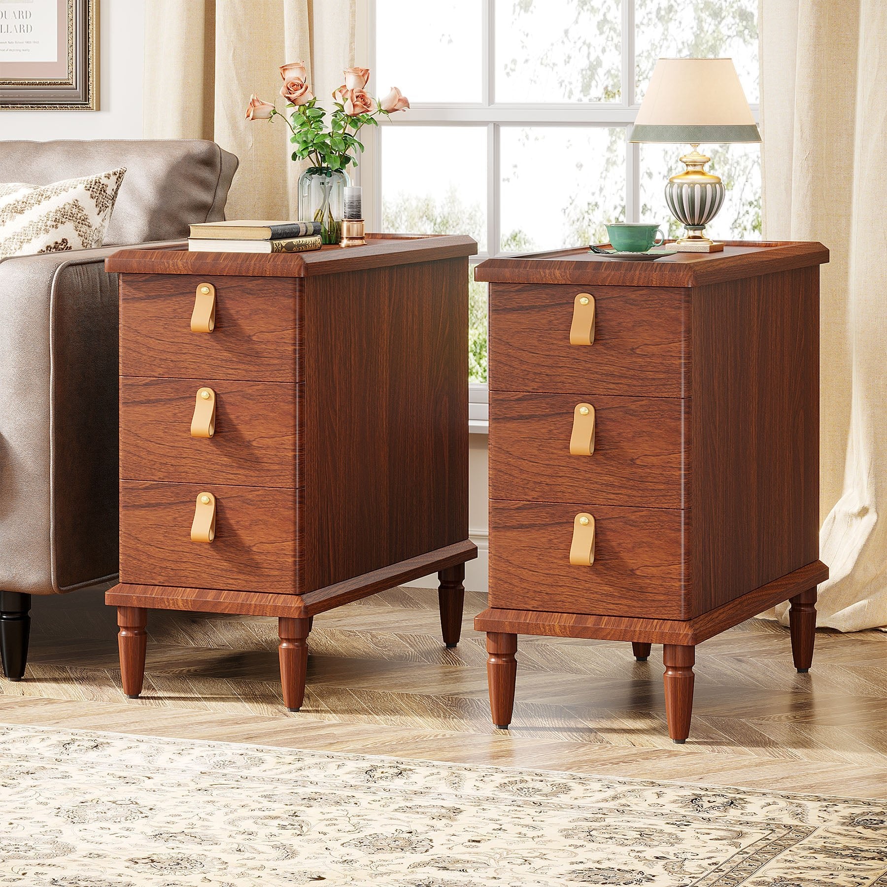 Wood End Table, Classic Nightstand with 3 Wooden Drawers