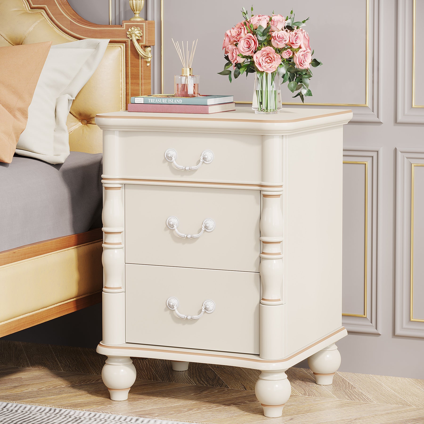 3 Drawers Nightstand, Modern  Bedside End Table with Solid Wood Legs