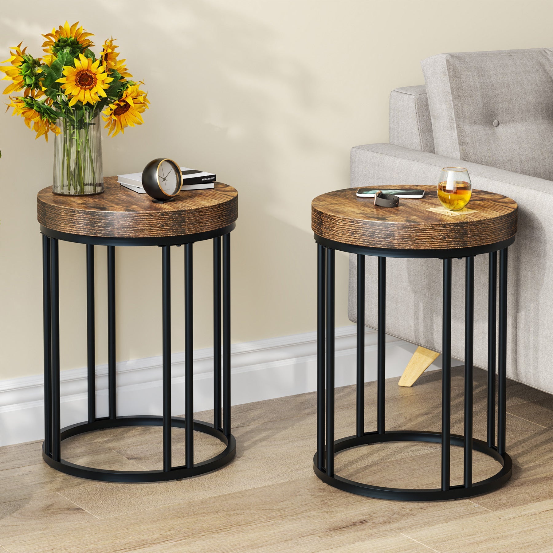 Round End Table, Small Accent Side Table with Metal Frame