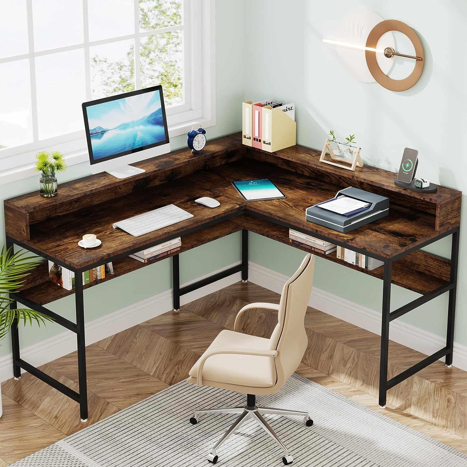 Rustic L-Shaped Desk, Corner Computer Desk with Monitor Stand & Storage Shelf