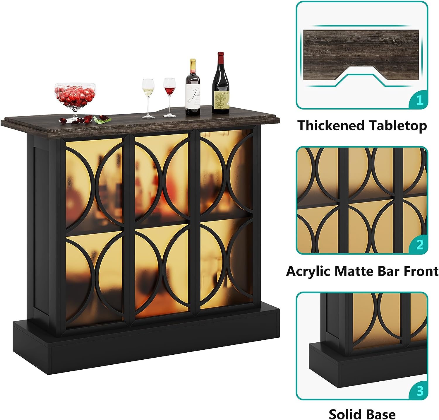 3-Tier Home Bar Unit, Liquor Bar Table with Glasses Holder & Acrylic Front