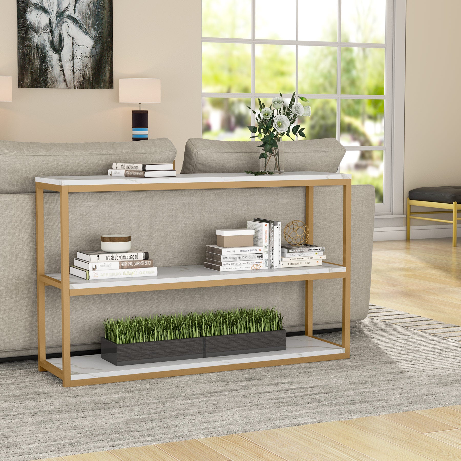 3-Tier Console Table, Modern Sofa Entryway Table with Faux Marble Top