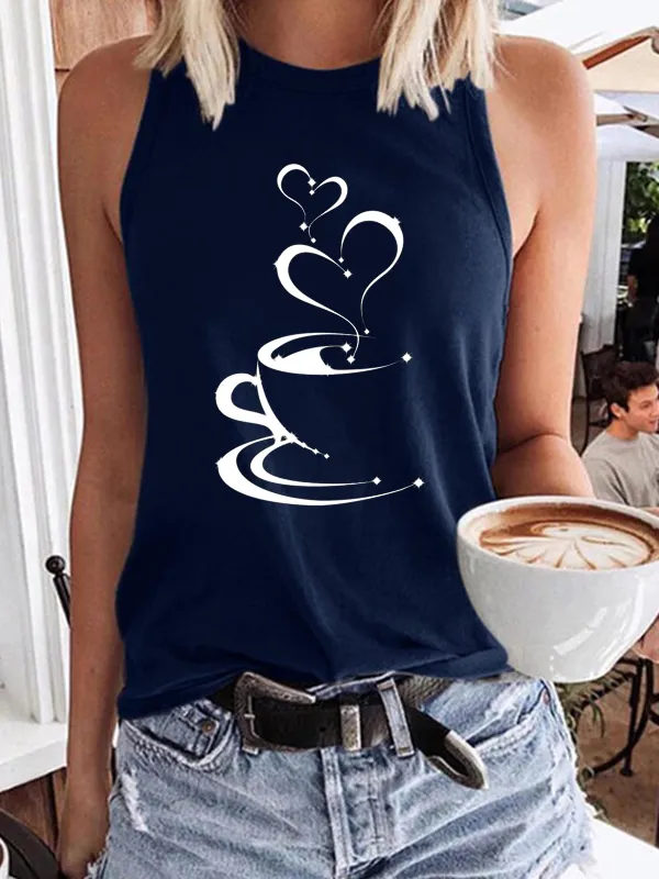 Coffee Heart Print Sleeveless Tank Top
