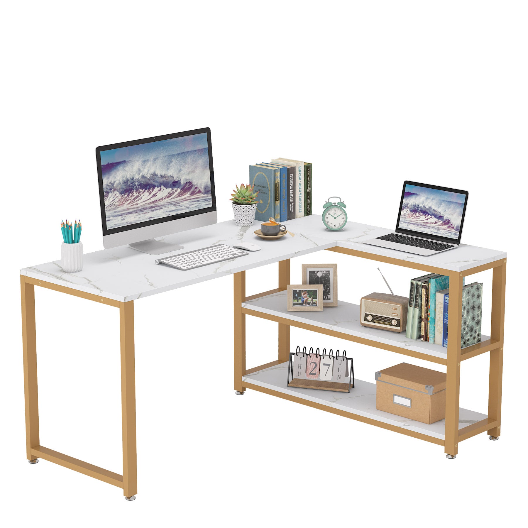 Reversible L-Shaped Desk, Corner Computer Desk with Shelves