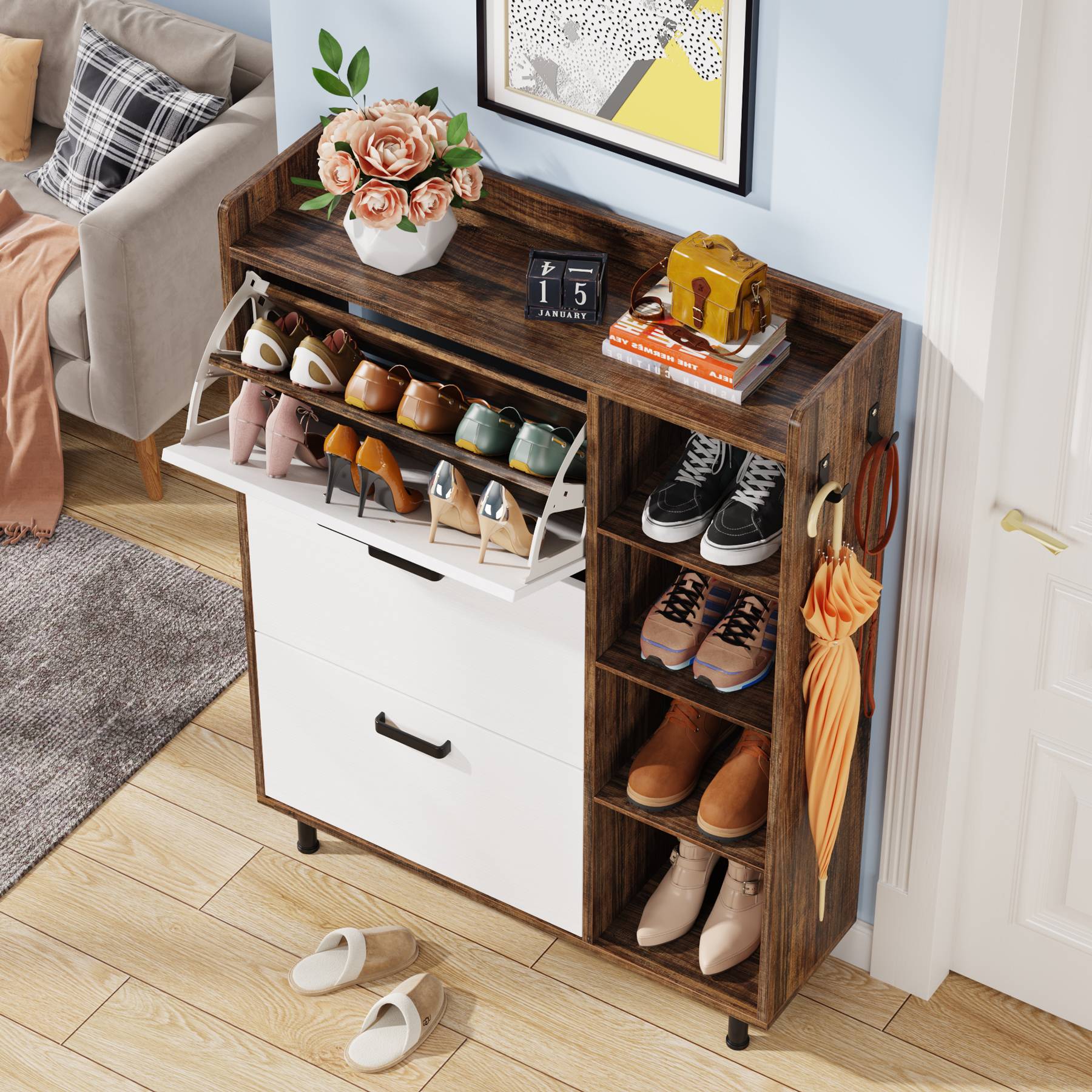 Wooden Shoe Cabinet, Freestanding Shoe Rack with 3 Flip Drawers & 5 shelves