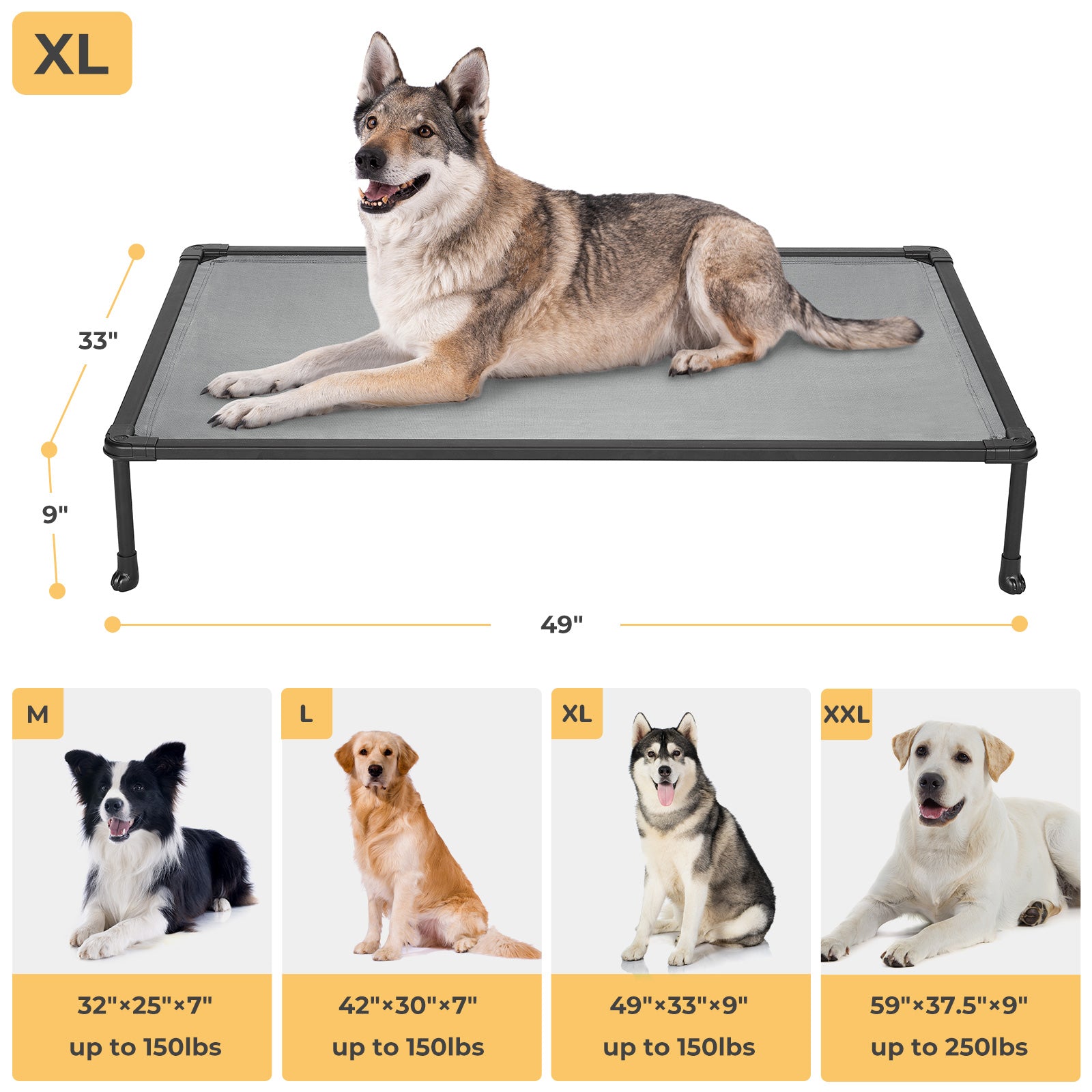 Veehoo Chewproof Dog Bed， Cooling Raised Dog Cots with Black Metal Frame， X Large， Silver Grey
