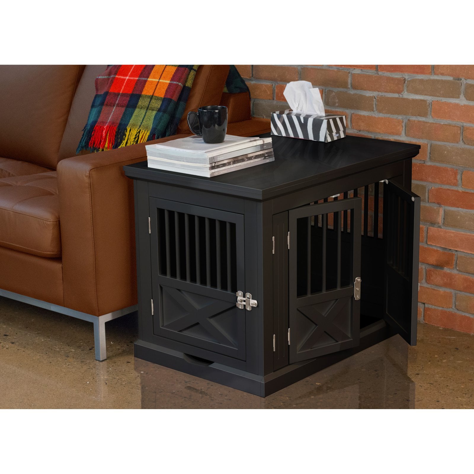 Merry Products Triple-Door Wooden Dog Crate， Black， Small， 30