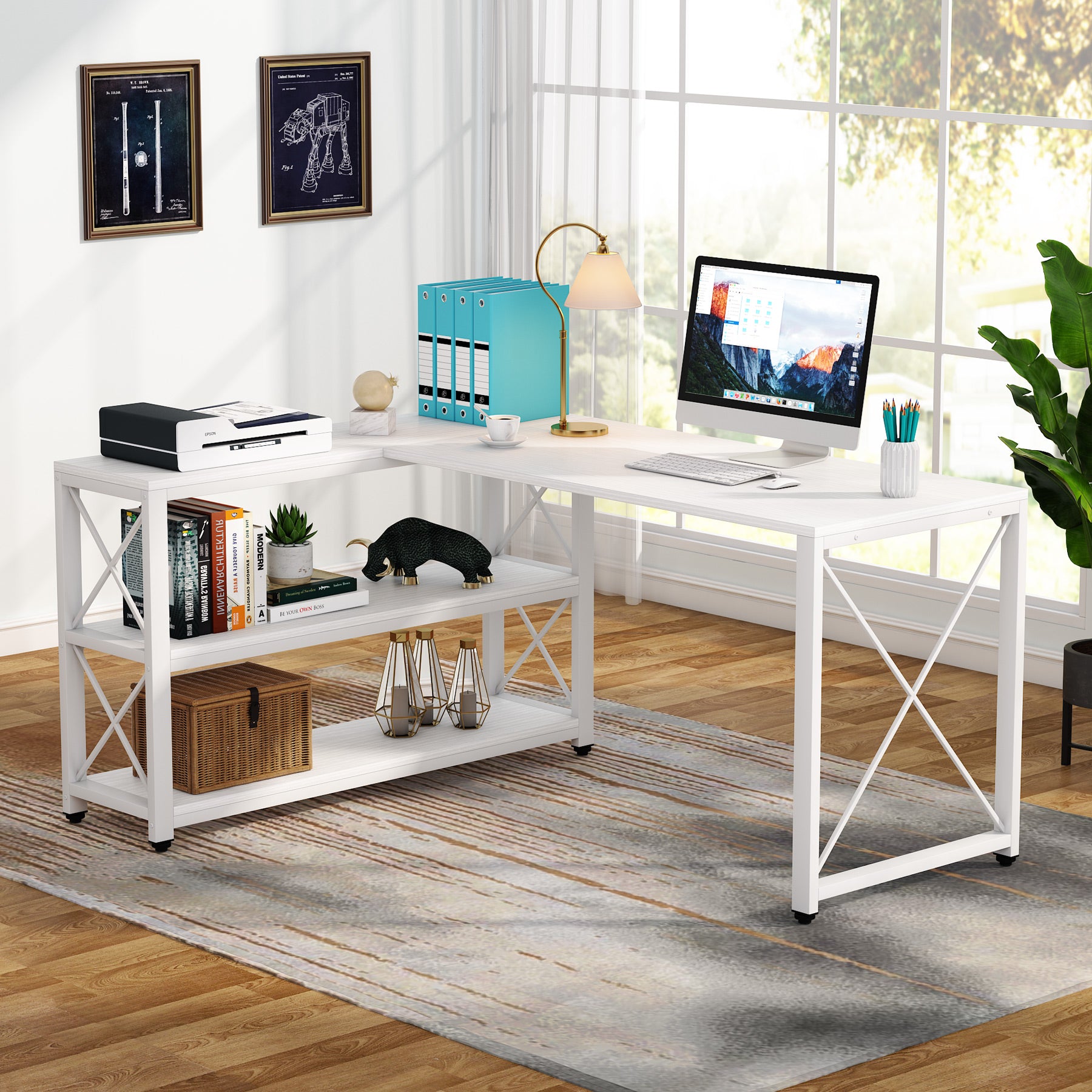 Reversible L-Shaped Desk, Corner Computer Desk with Shelves