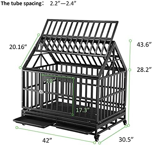 Dog Cage Crate Kennel Heavy Duty Tear Resistant Square Tube With Four Wheels For Large Dogs Easy To Install (42 Inch Roof， Black)