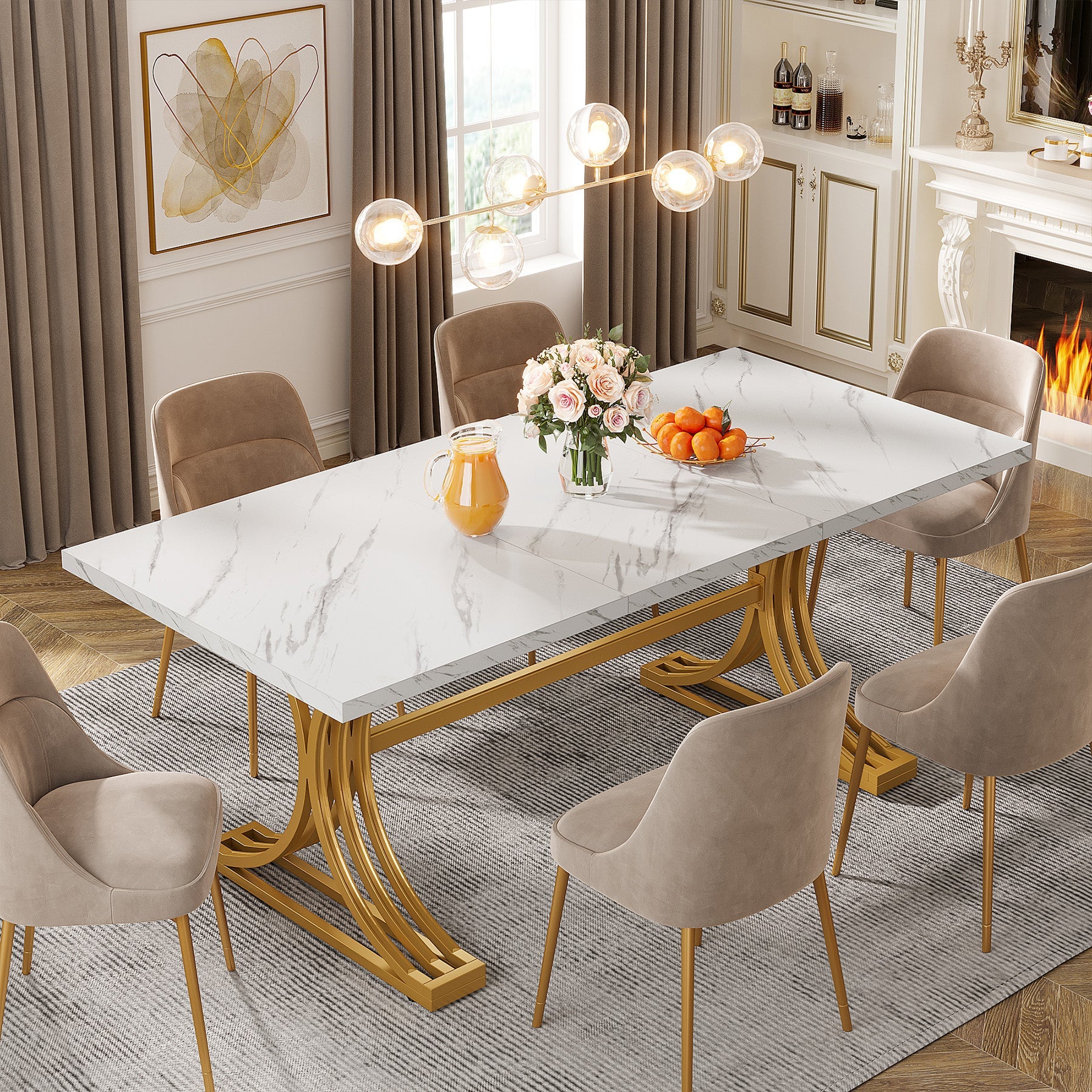 63'' Modern Dining Table with Faux Marble Tabletop & Metal Legs