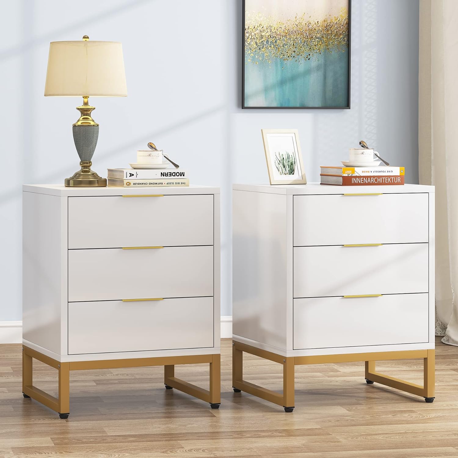 3 Drawers Nightstand, Modern Bedside End Table with Metal Frame