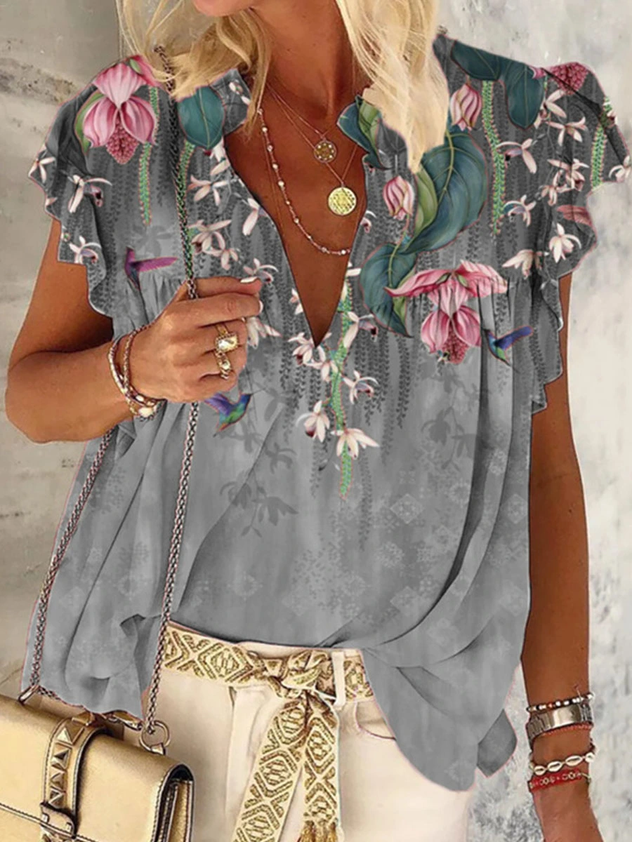 Floral Print Casual Short Sleeve Blouse