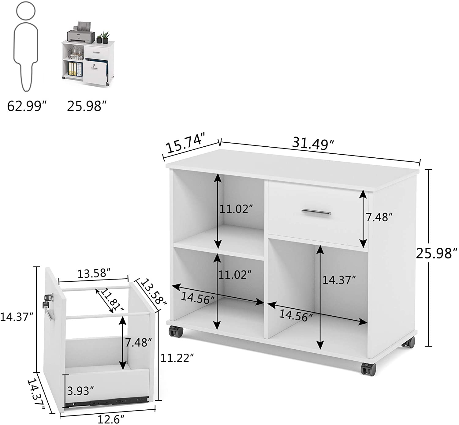 File Cabinet, 2 Drawer Mobile Printer Stand with Lock