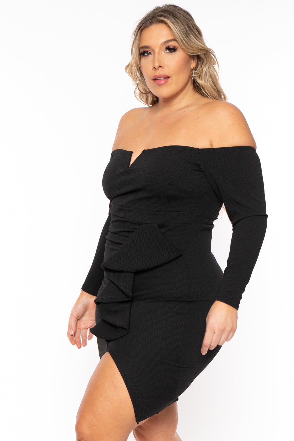 Plus Size Avi Front Draped Dress- Black