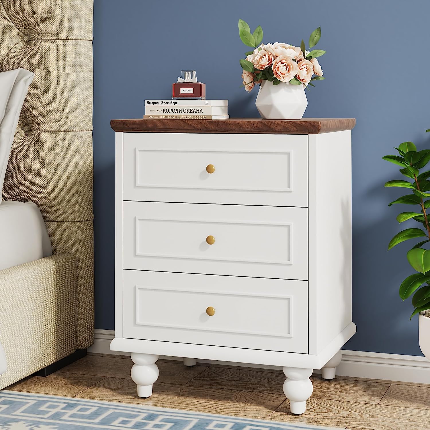 Wooden Nightstand, 3-Drawer Bedside Table with Solid Wood Legs