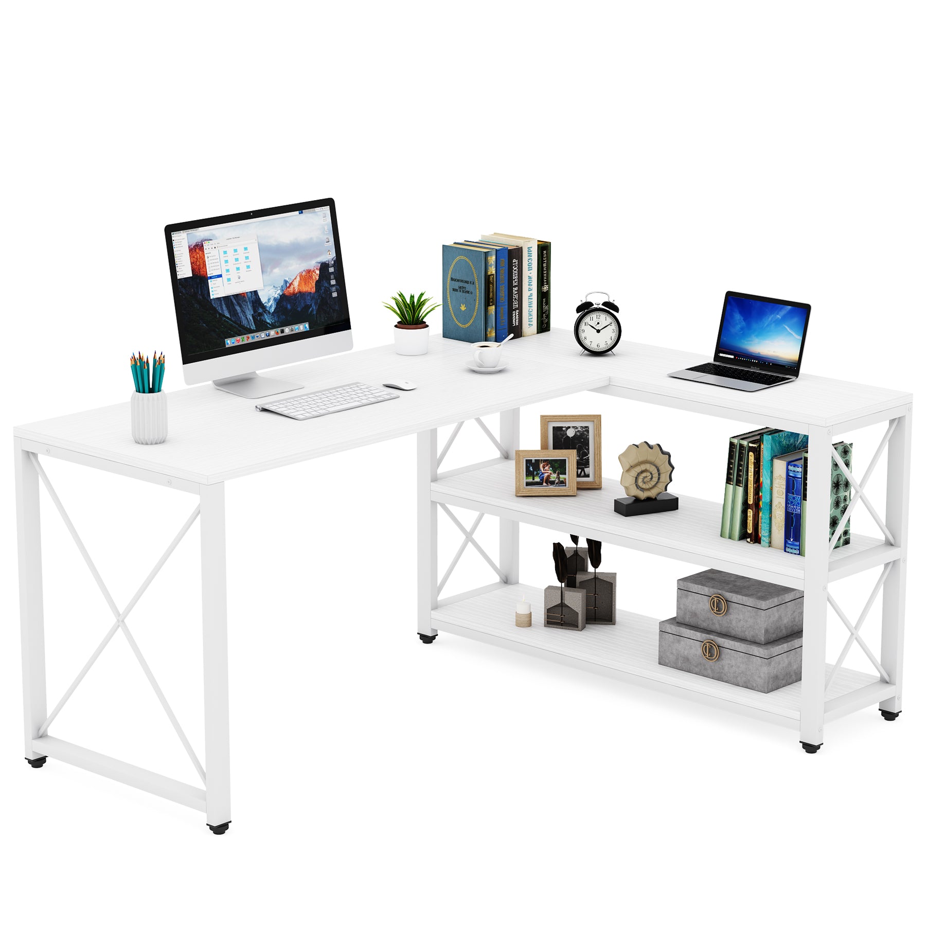 Reversible L-Shaped Desk, Corner Computer Desk with Shelves