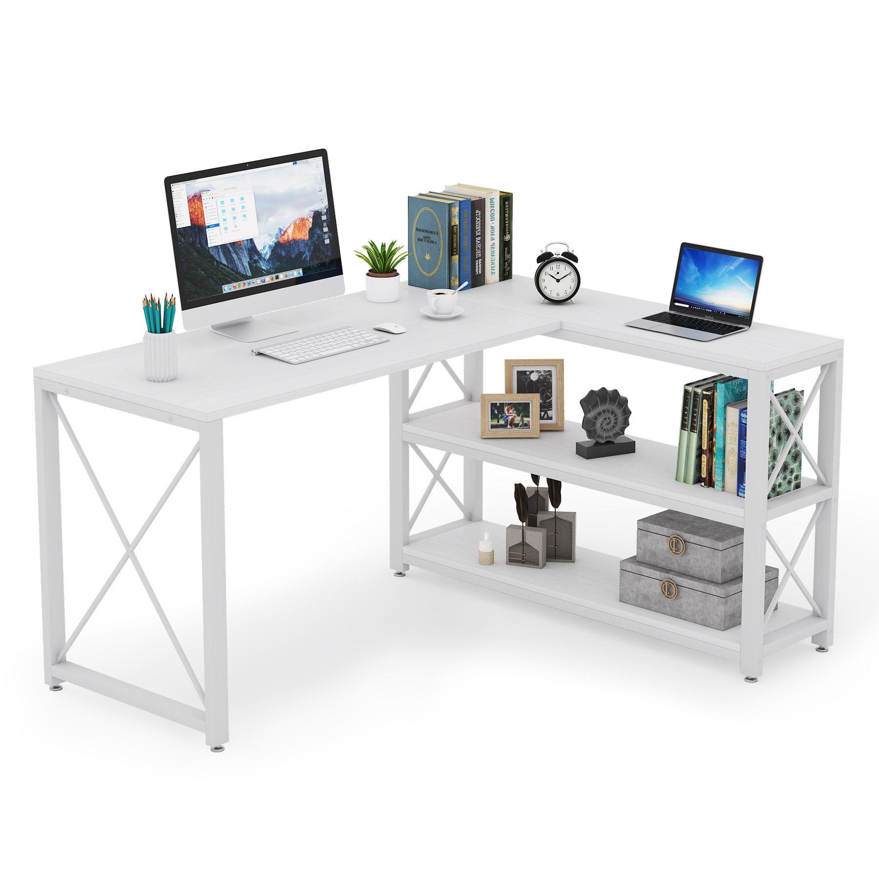 Reversible L-Shaped Desk, Corner Computer Desk with Shelves