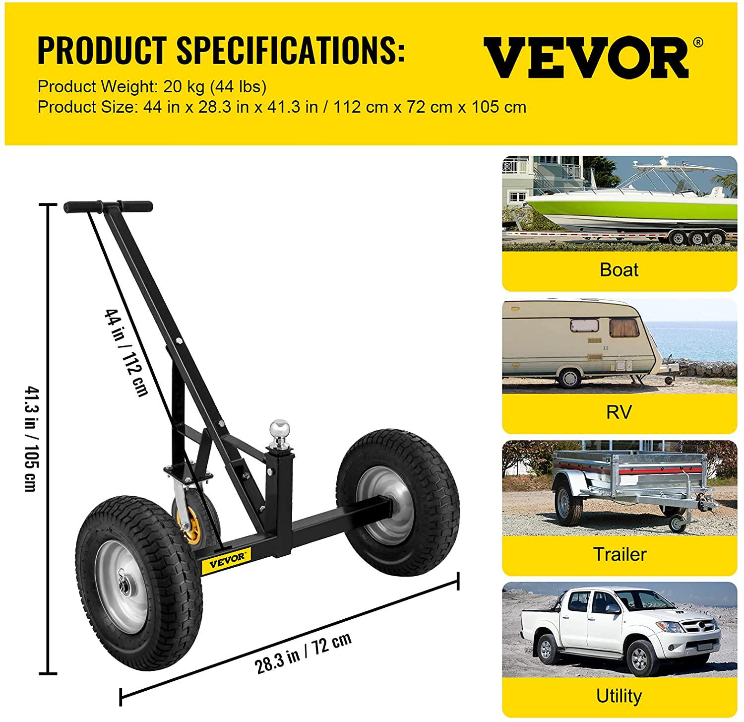VEVOR Adjustable Trailer Dolly， 800 lbs Capacity， 15.7 -23.6 Adjustable Height， 2 Ball Trailer Mover with 16 Wheels， Heavy-Duty Tow Dolly for Car， RV， Boat