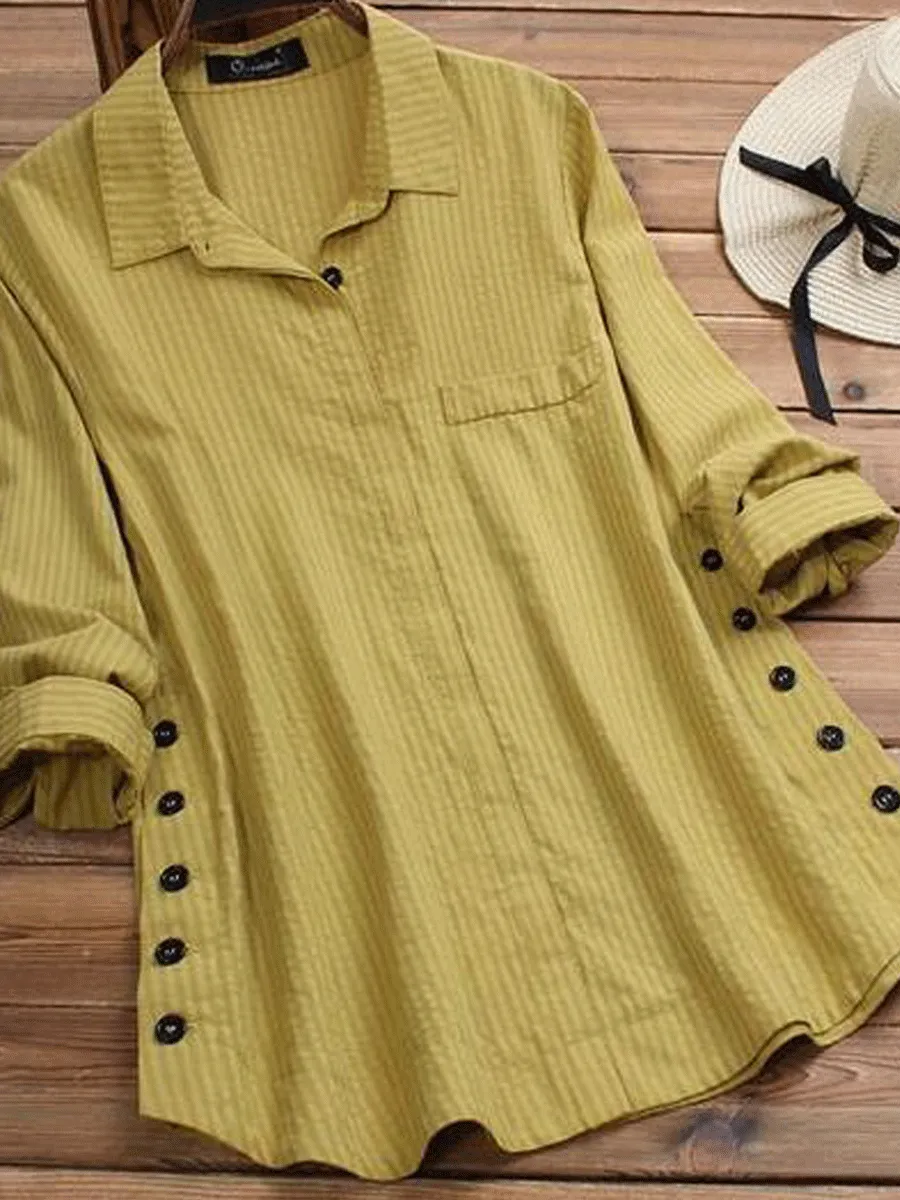 Women's Button Cotton And Linen Pocket Striped Long-sleeved Long Shirt