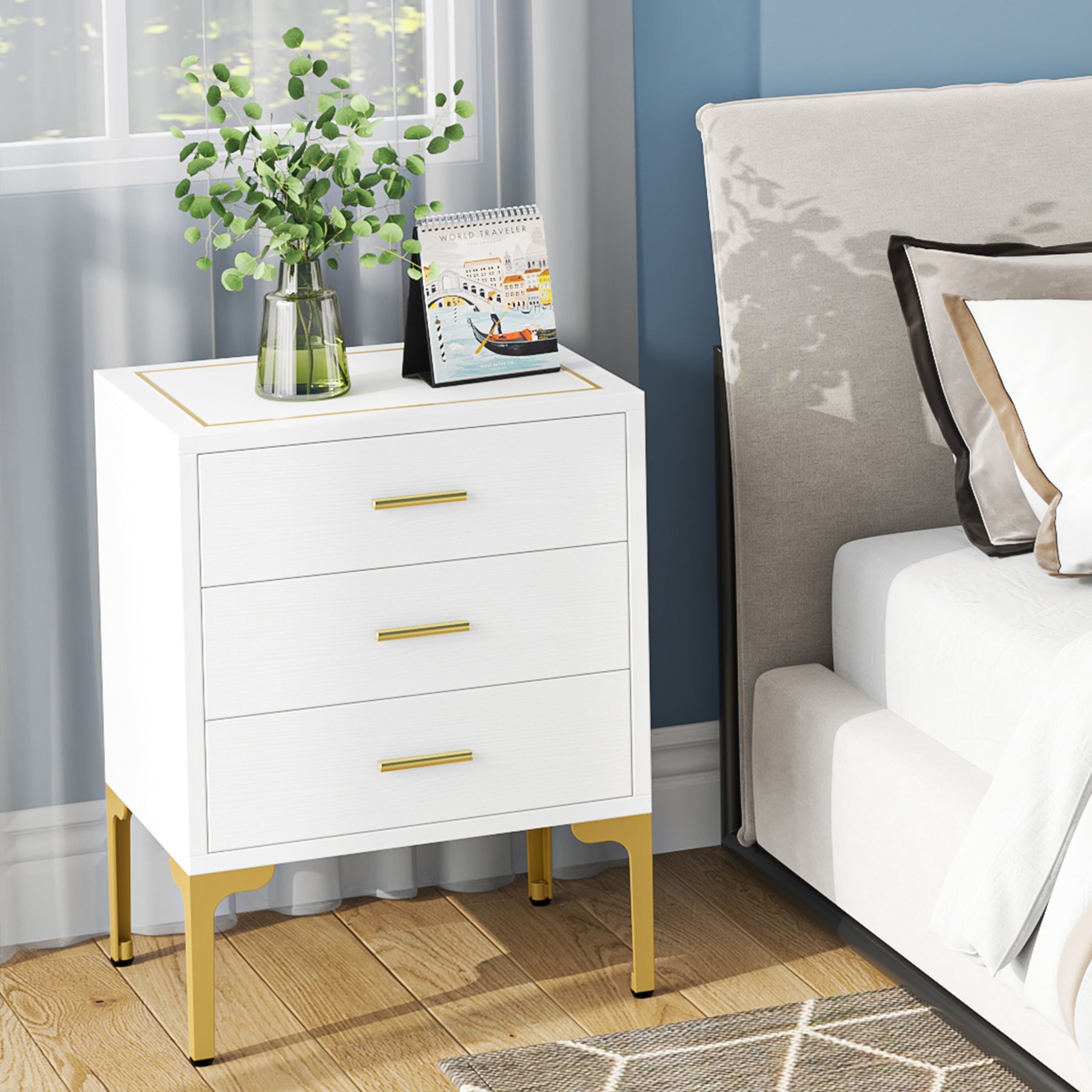 3-Drawer Nightstand, Modern Bedside Table with Square Side Top