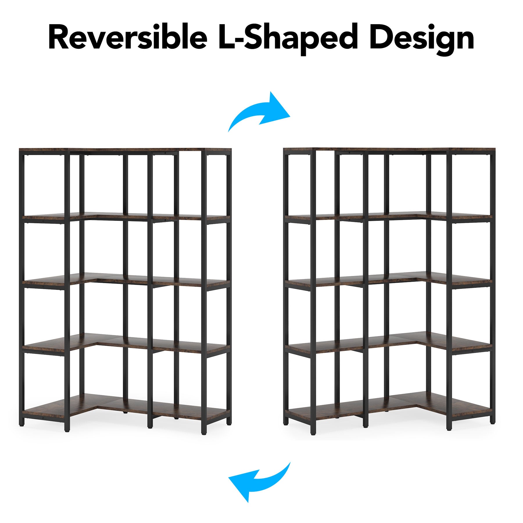 5-Shelf Corner Bookshelf, Reversible L-shaped Corner Etagere Bookcase