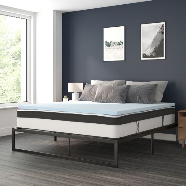 Leo 14 Inch Metal Platform Bed Frame with 12 Inch Pocket Spring Mattress in a Box and 2 Inch Cool Gel Memory Foam Topper - King
