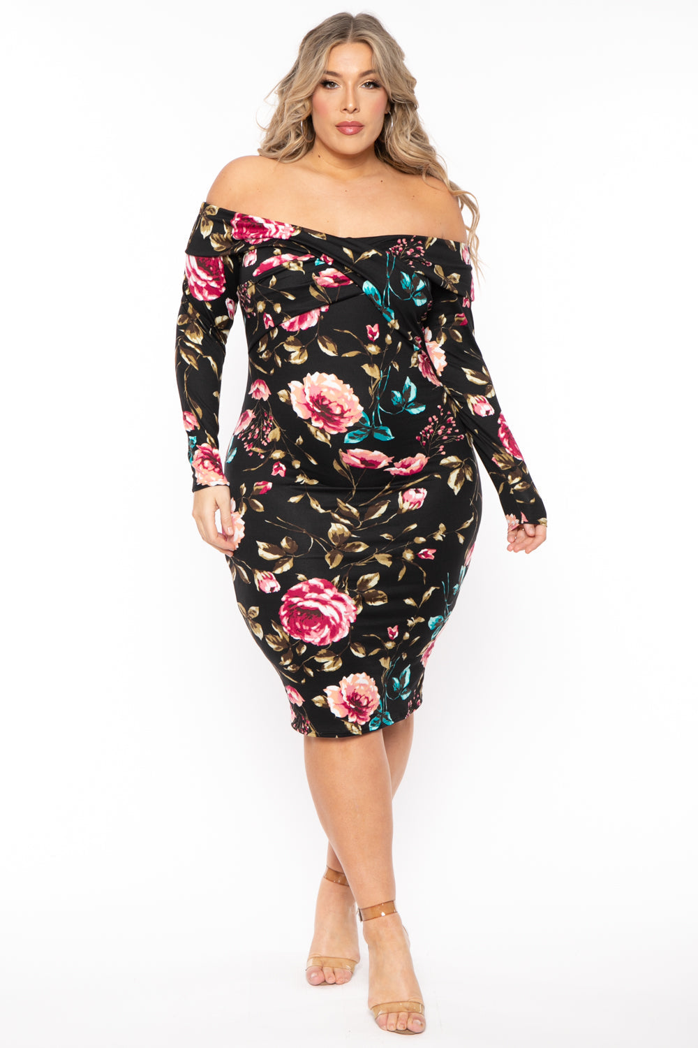 Plus Size Lydia Floral Midi Dress- Black