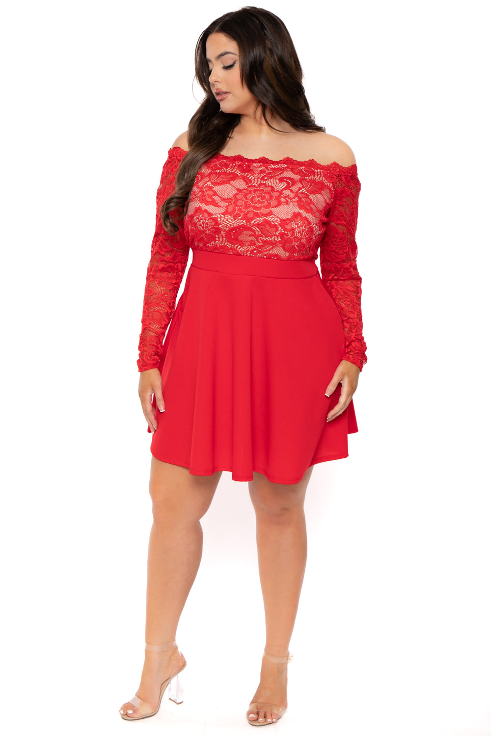 Plus Size Minnie Lace Top Flare Dress - Red