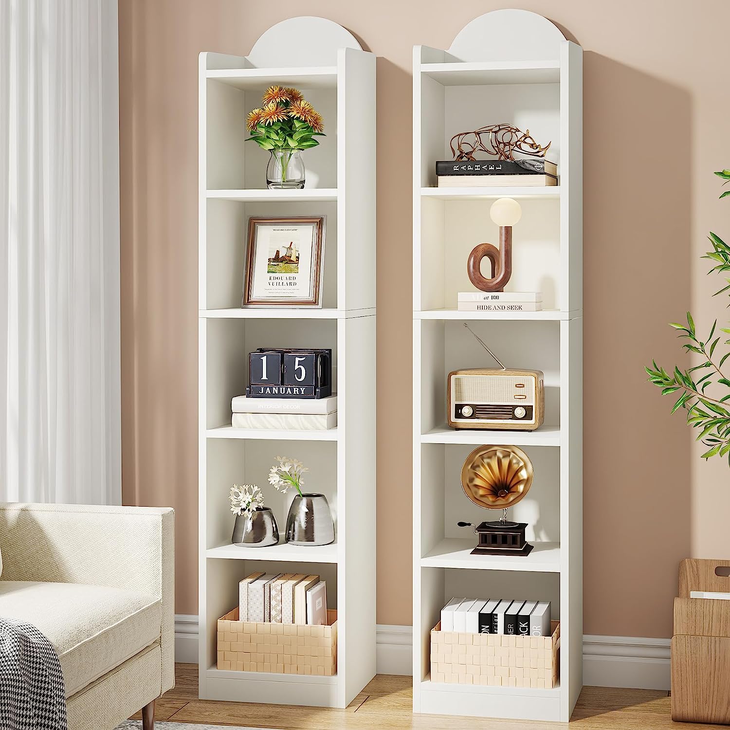 5 Cube Bookcase, Narrow 6-Shelf Storage Organizer Bookshelf