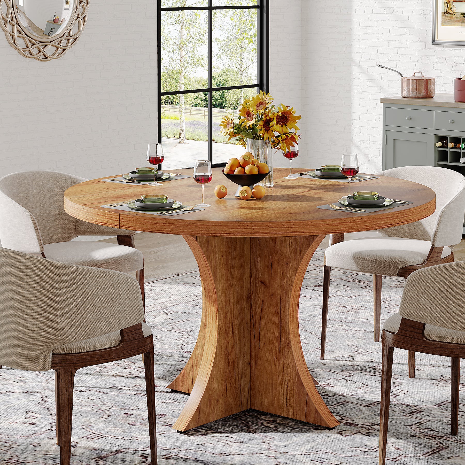 Wood Dining Table, 47.24 Inches Round Kitchen Table for 4-6