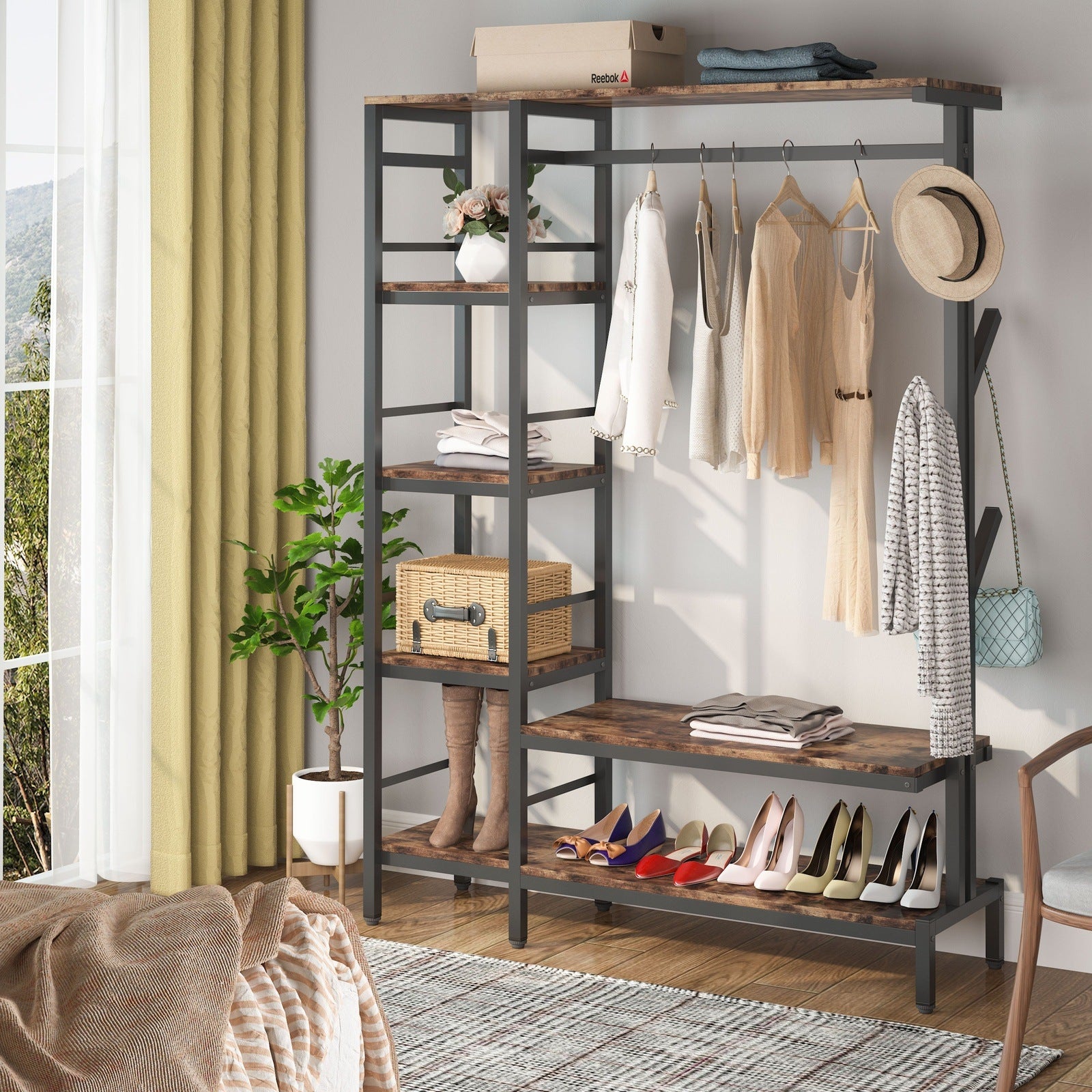 Freestanding Closet Organizer, Garment Rack with 4-Tier Shelves