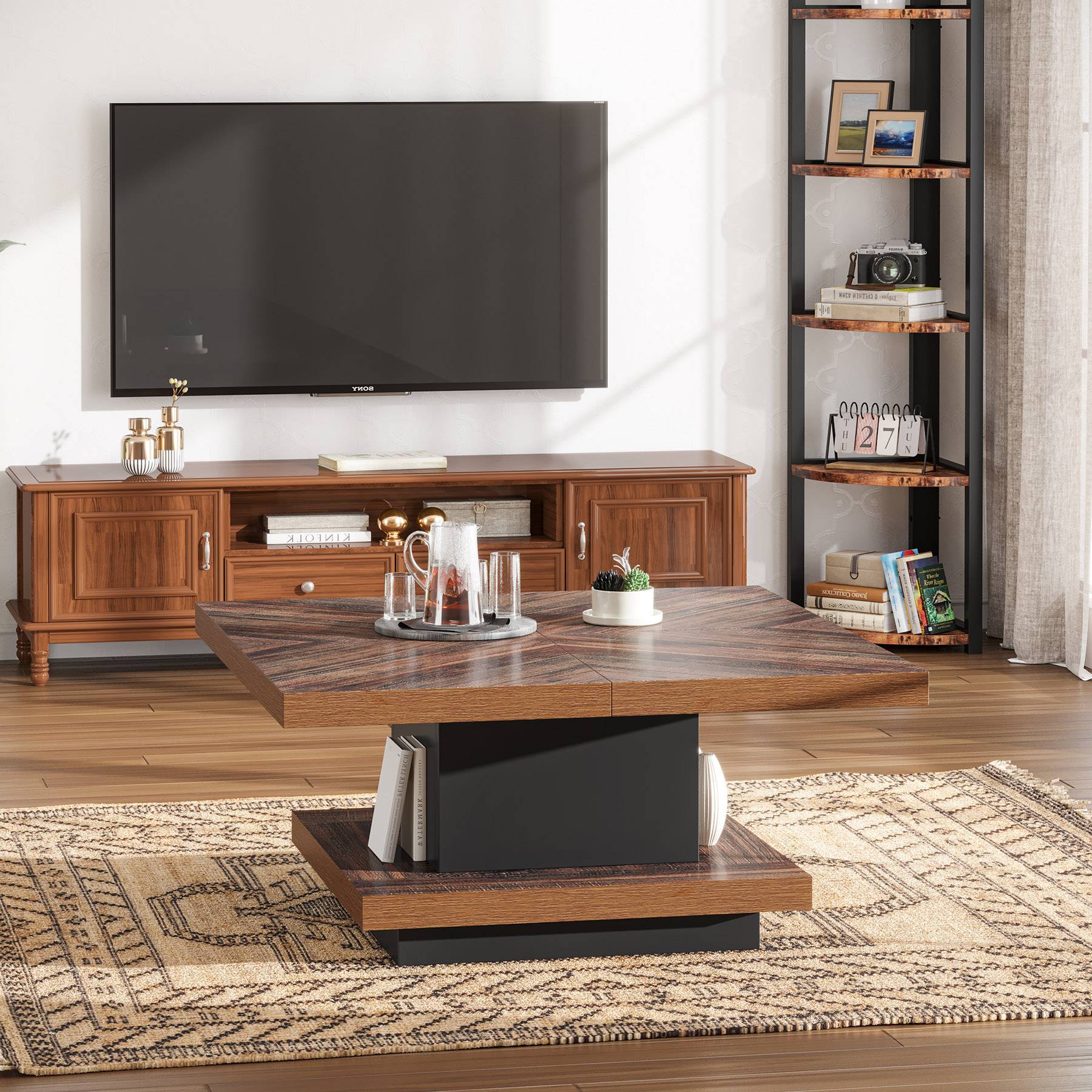 Wood Coffee Table, Square Vintage Center Table with 2-Tier Shelves