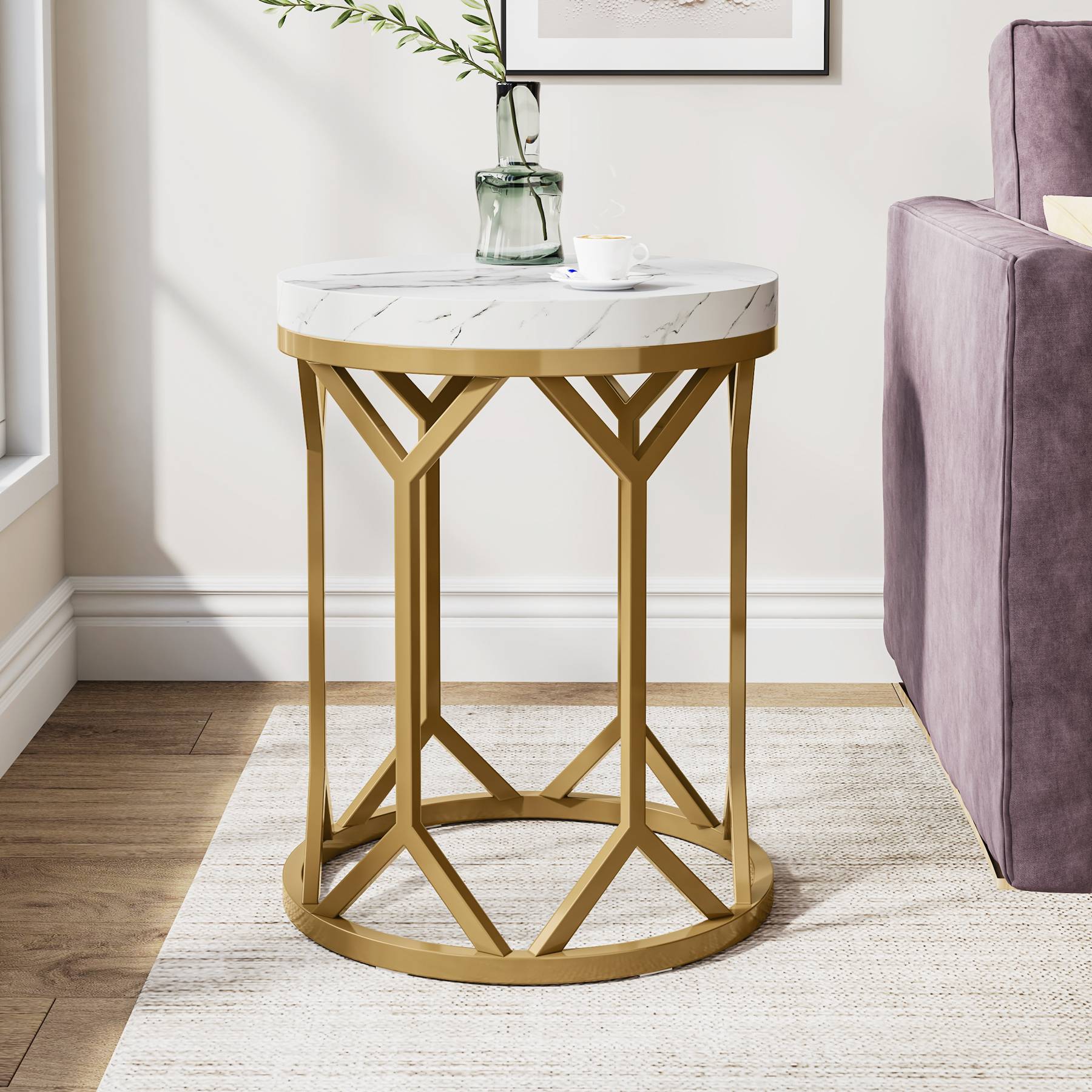 Modern End Table, Round Faux Marble Side Table for Living Room