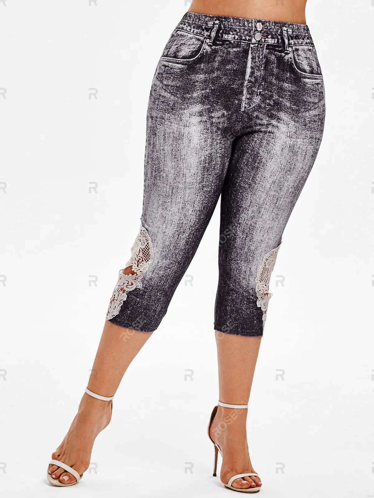 Lace Skull Sequin Swing Tee and 3D Lace Up Jean Printed Leggings Plus Size Summer Outfit