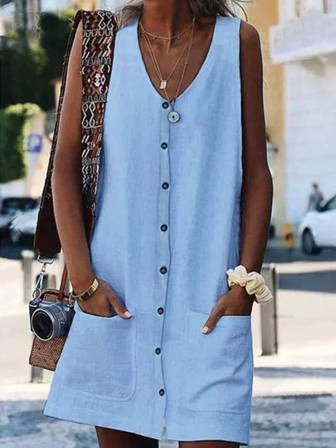 Women's Fashion Simple Cotton Linen V-Neck Pocket Sleeveless Cardigan Dress