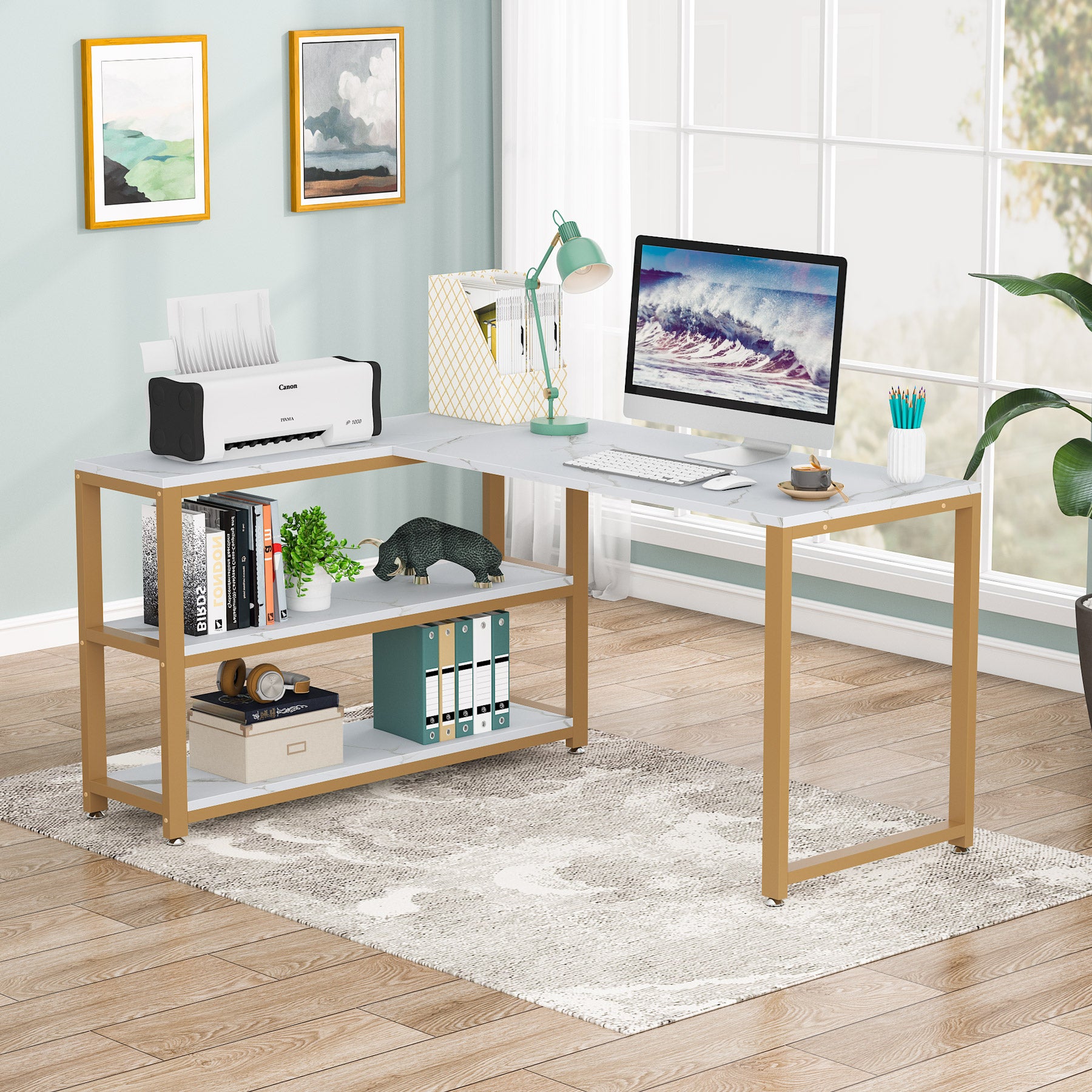 Reversible L-Shaped Desk, Corner Computer Desk with Shelves