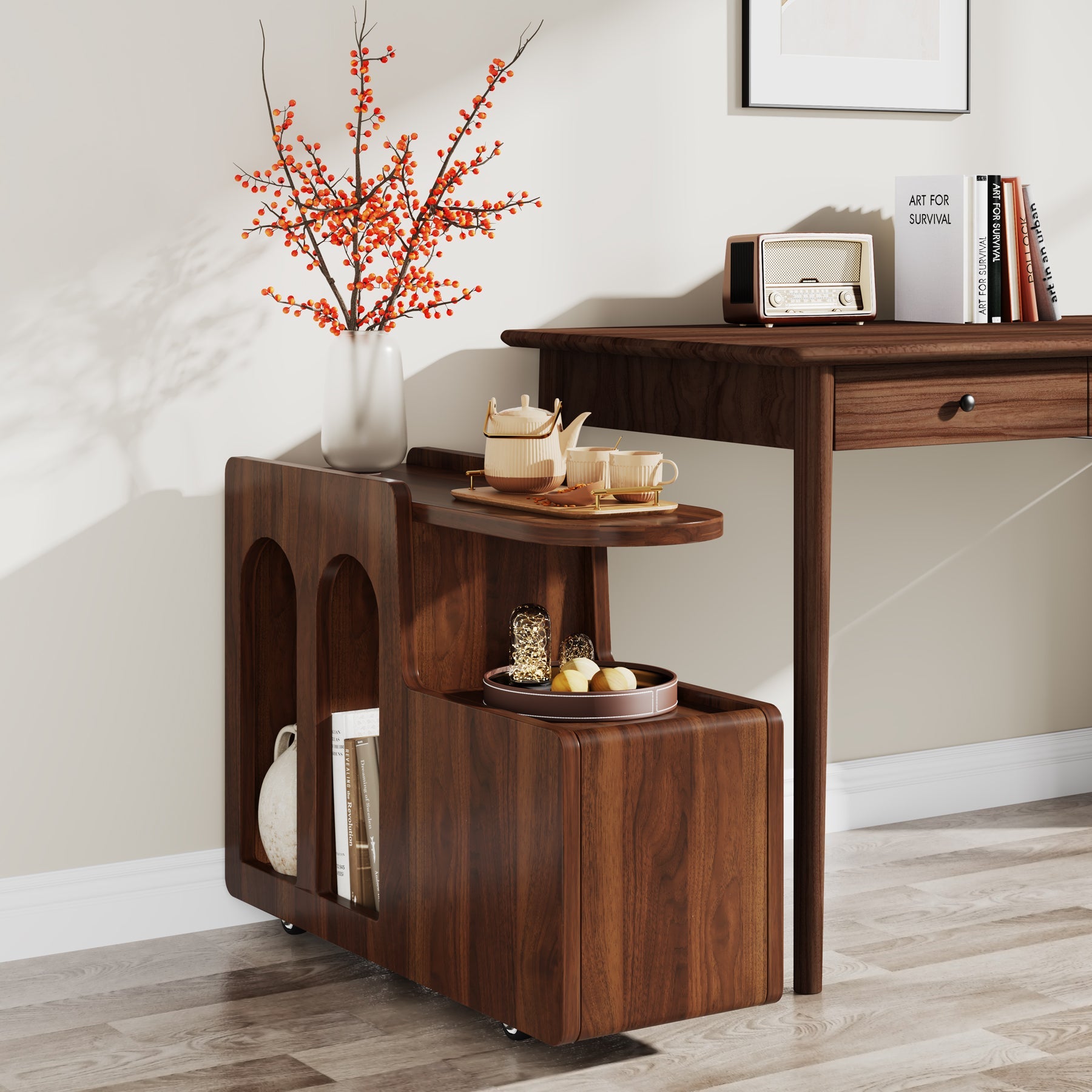 Mobile End Table with Storage Drawer, Narrow Side Table with Wheels