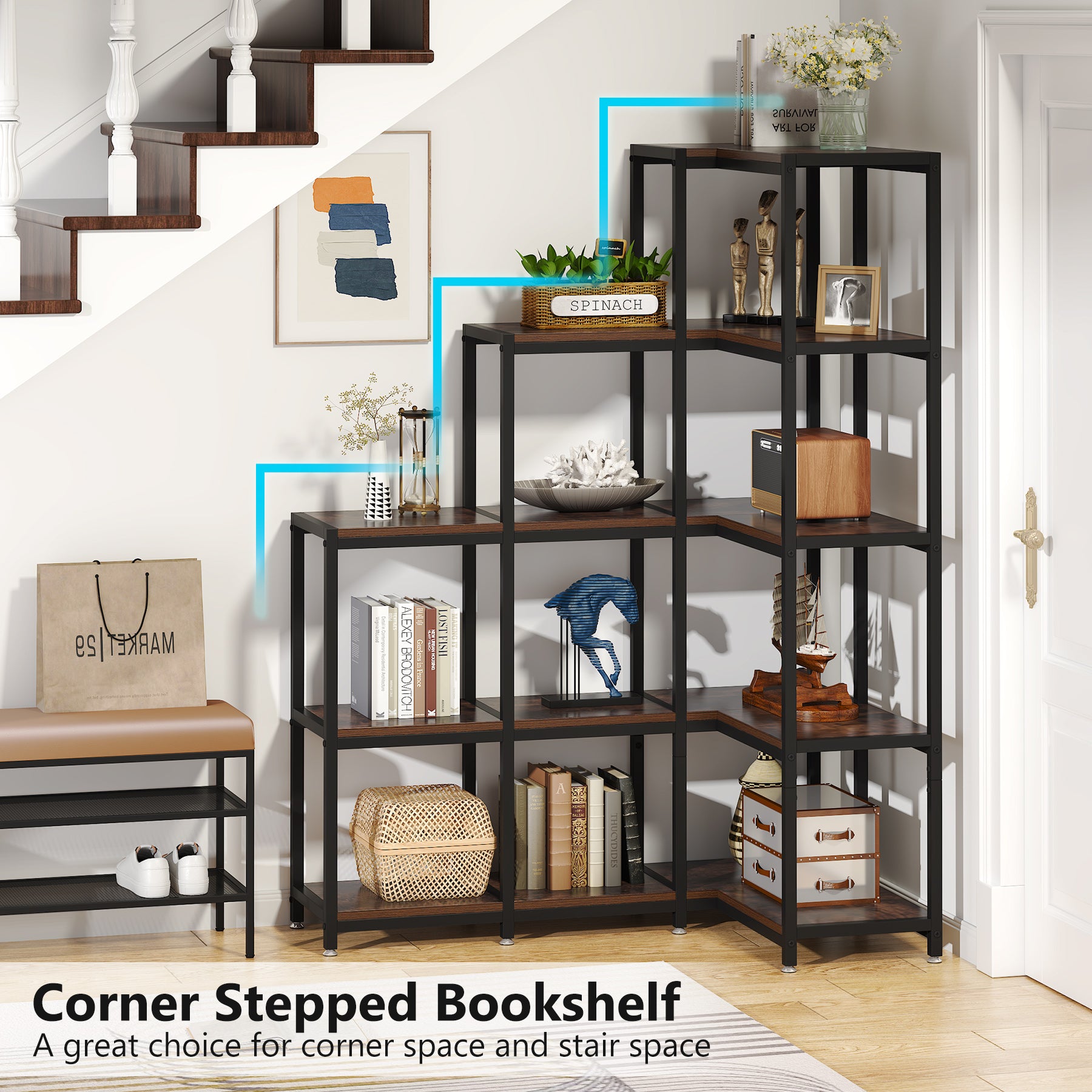 63” Tall Corner Bookshelf, 5-Tier Ladder Corner Etagere Bookcase