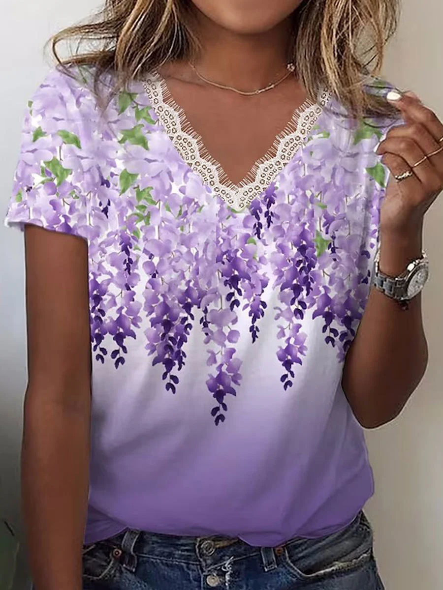 V-neck Lace Casual Loose Floral Print Short-sleeved T-shirt