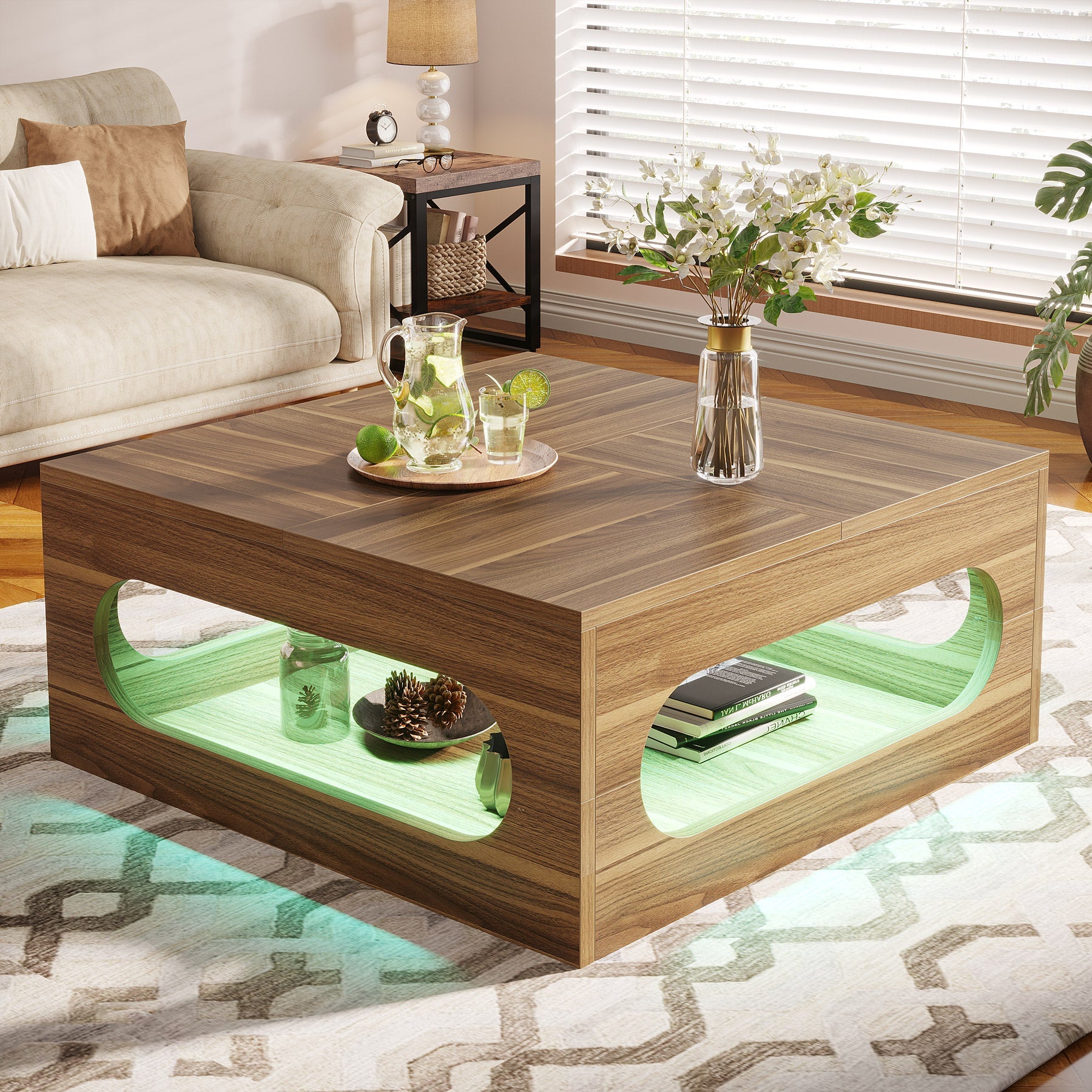 2-Tier Coffee Table, Wood Square Center Tea Table with LED Strip Light