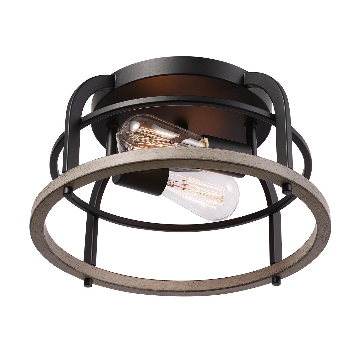 Globe Electric Shilah 2-Light Matte Black Flush Mount Ceiling Light with Faux Wood Accents， 91000919