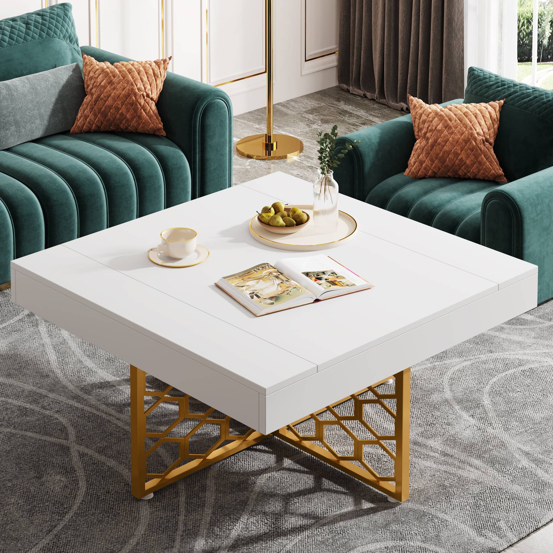 Modern Coffee Table, Square Cocktail Table with Metal Frame