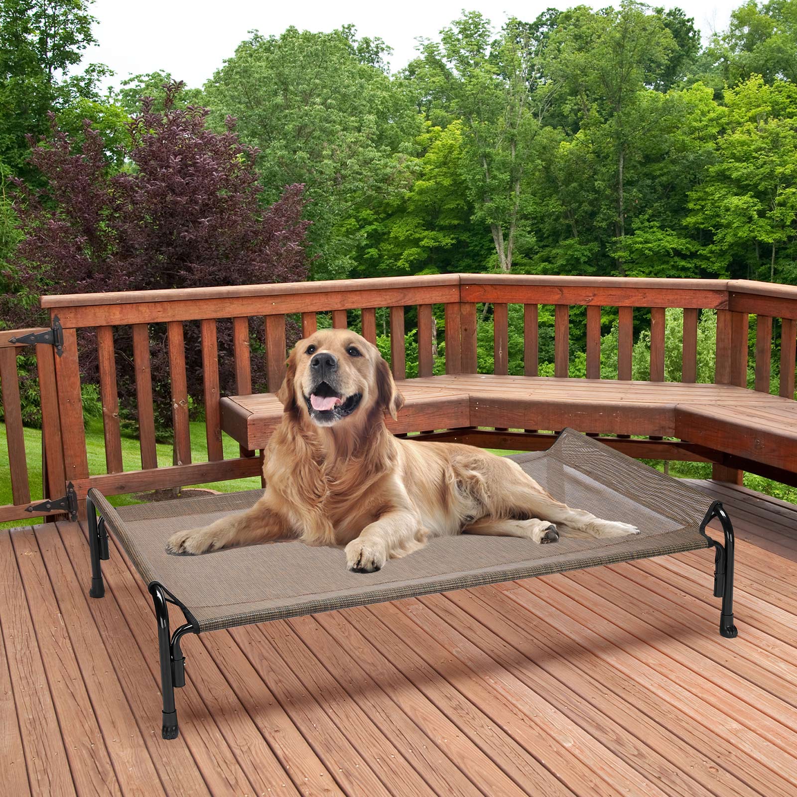 Veehoo Cooling Elevated Dog Bed， Chew Proof Dog Cot with Washable Mesh， Large， Brown