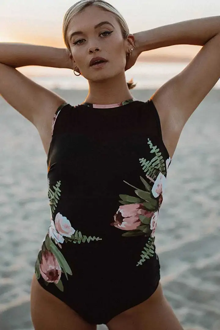 One Piece Black and Floral Swimsuit