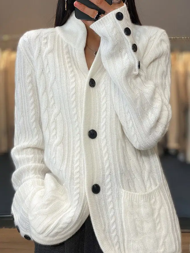 White Button Front Pocket Sweater Cardigan
